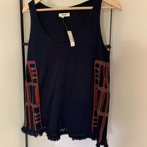 Embroidered and fringe madewell tank in navy